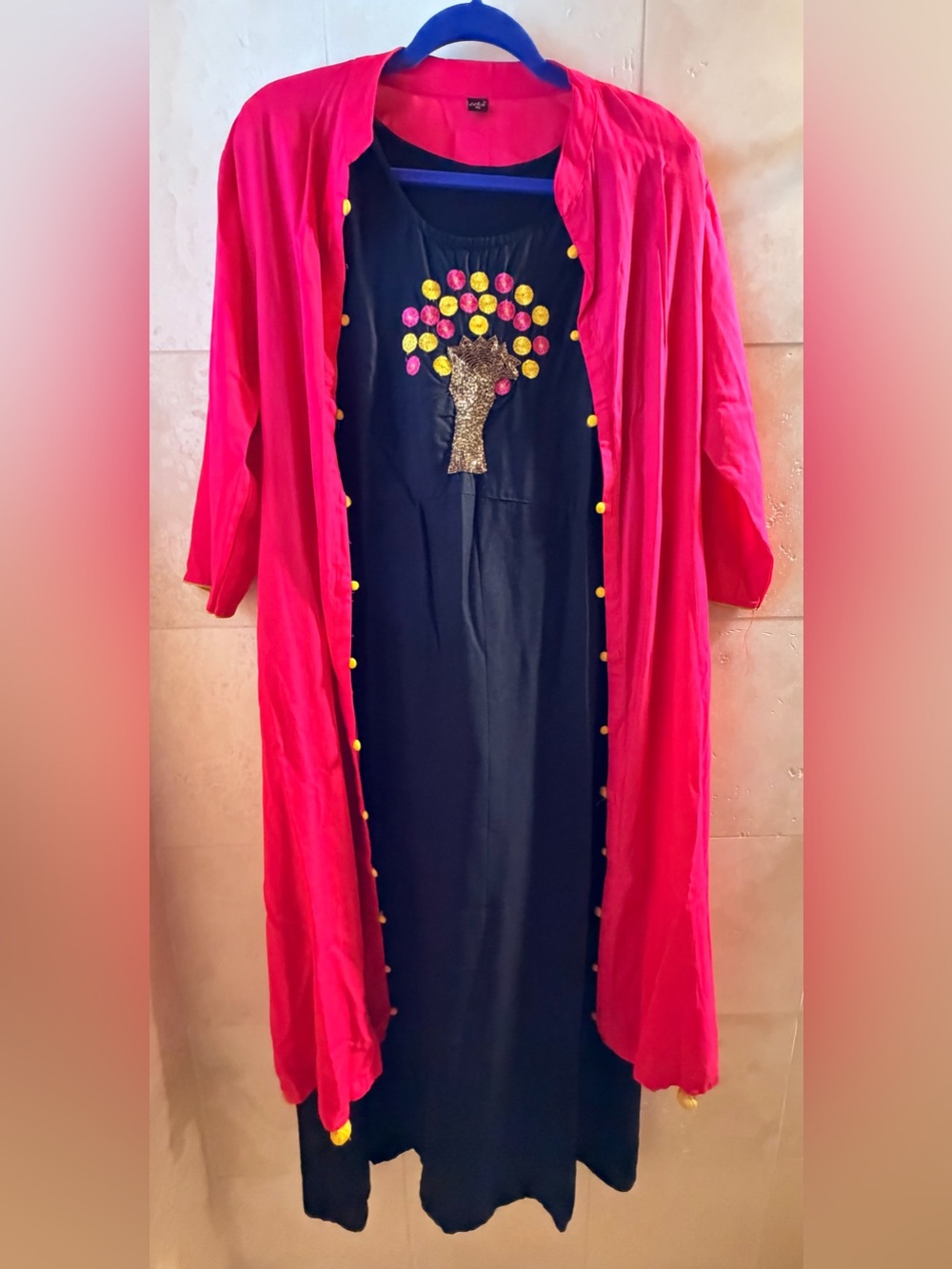Women's Hot Pink Open Front Coat with Black Embroidered Dress